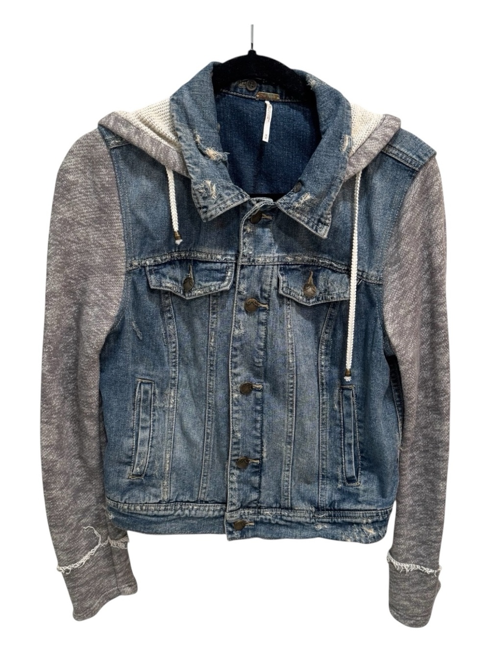 Free People Throwback Distressed Cotton Denim Hooded Jacket M